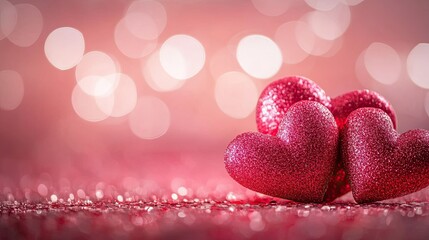 Fototapeta premium Vibrant Valentine background with overlapping hearts and light bokeh effects in pink and red.