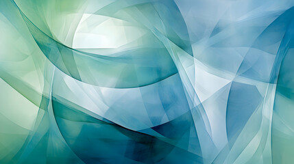 Abstract background with overlapping translucent layers in cool tones of blue and green, creating a sense of depth and tranquility with a soft, ethereal glow