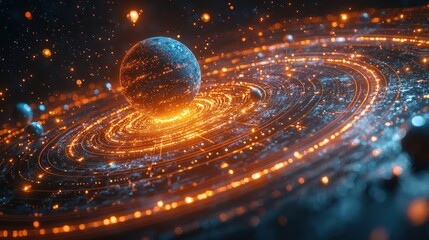 An interactive educational interface featuring a holographic solar system, allowing students to explore planets and their orbits