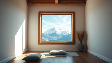 Fototapeta premium Serene Room with Mountain View and Yoga Mat