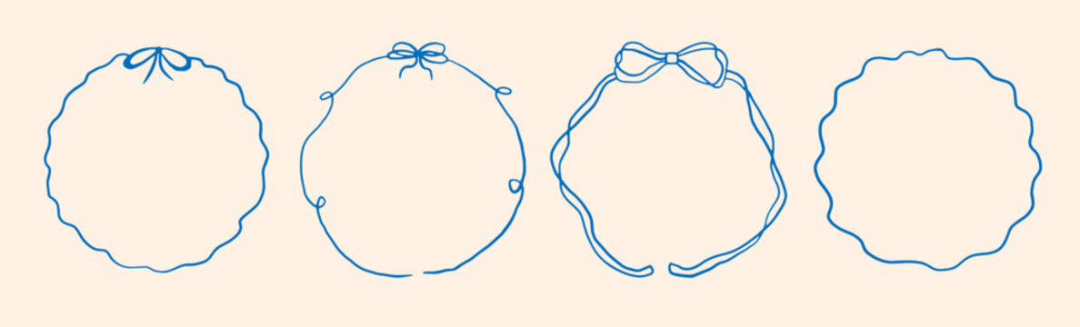 Circle whimsical wavy scallop frame with bow tie in doodle trendy style. Border with elegant outline loop for greeting cards.