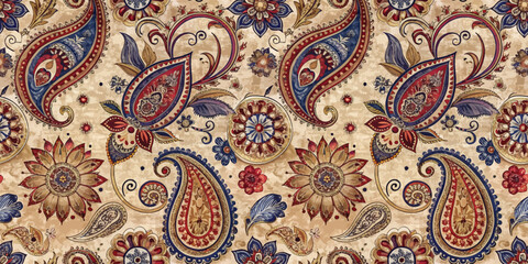 Intricate floral paisley pattern in rich colors of red, blue, and gold.