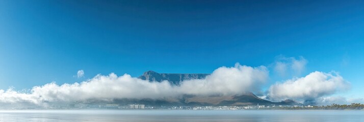 Obraz premium Mountain peak hidden in clouds above calm water.