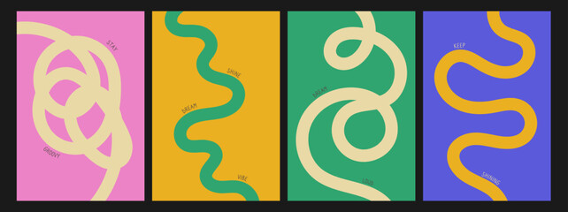 Set of color abstract banner with curvy line and motivational phrase. Background with scribble squiggle. Wave line art