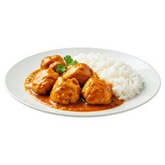 A plate of chicken curry with steamed white rice