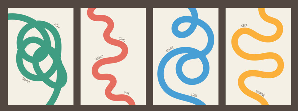  Abstract playful minimalistic background with wavy line. Poster with organic curvy curly stripe. Wave line art