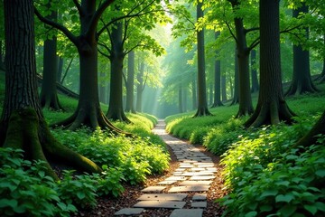 Fototapeta premium A curved stone pathway leading into a secluded area of a forest with tall trees and lush greenery, outdoor scenery, greenery, forest path