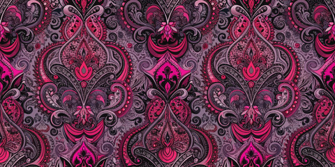 Intricate floral pattern in vibrant pink and purple hues on a dark background.