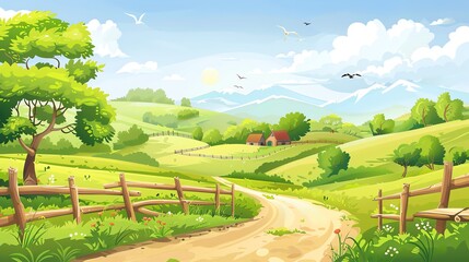 Fototapeta premium A cartoon illustration of a beautiful country landscape with a winding road leading up a hill to a house.