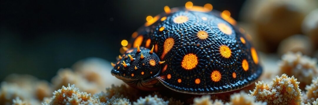 A dark brown hexaplex nigritus shell with a yellow spot pattern, marine biology, yellow spots