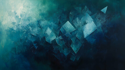 Obraz premium Abstract composition with fragmented, angular shards in shades of blue and green, scattered across a dark, cloudy atmosphere with soft glowing edges