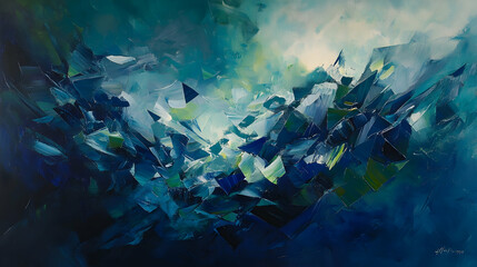 Abstract composition with fragmented, angular shards in shades of blue and green, scattered across a dark, cloudy atmosphere with soft glowing edges
