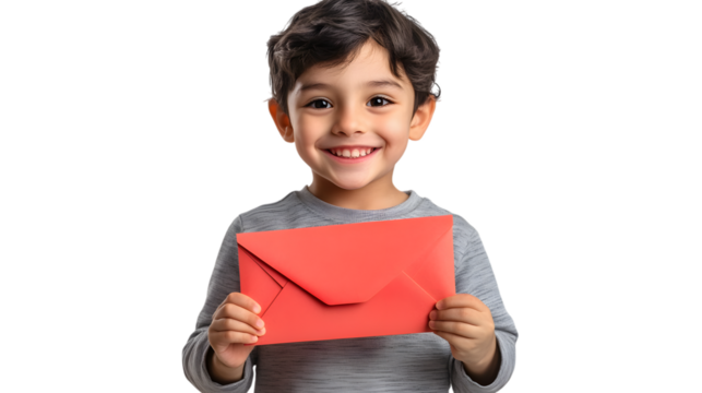 A child holding a red envelope with a big smile, isolated on transparent - Powered by Adobe