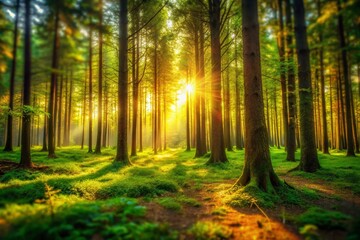 Obraz premium Sunlit Forest Clearing with Tall Trees, Tilt-Shift Photography