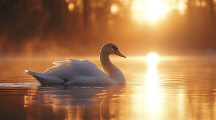 Fototapeta premium Golden sunrise, serene swan, calm water.
