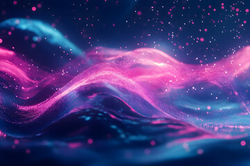 Abstract futuristic background with neon pink and blue glowing wave lines moving at high speed, enhanced with bokeh lights, creating a dynamic and tech-inspired atmosphere