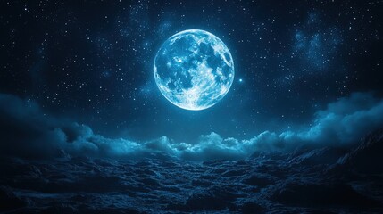 Fototapeta premium Full moon, starry night, dark, rocky landscape.