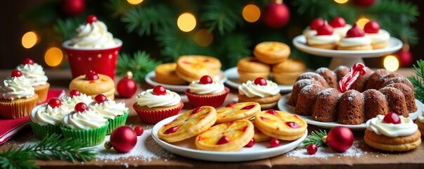 A festive and colorful table filled with an assortment of Christmas sweets and baked goods, dessert table decor, sweet tooth
