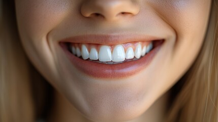 Fototapeta premium A close-up of a smiling woman with a healthy, beautiful smile and perfect teeth