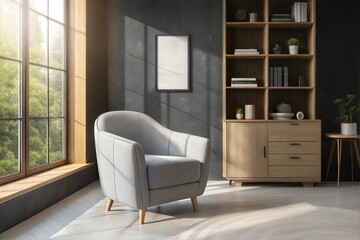 A Scandinavian-style living room with a grey barrel chair by a large window, sunlight streaming in, wooden shelving units with minimalist decor, and a sleek cabinet against a textured dark wall