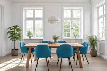 A Scandinavian-style dining room with a minimalist wooden dining table and vibrant blue chairs, surrounded by natural light from large windows, white walls, and greenery in simple pots, captured in HD