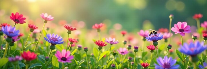 Obraz premium A field of borage and wildflowers with bees flying in and out of the blooms, natural world, wildflowers