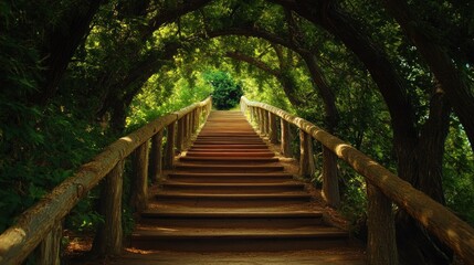 Obraz premium Wooden Steps Leading Through a Canopy of Trees