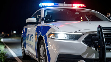 A Close-Up View of a Police Car at Night, with Its Lights Flashing Brightly in Blue and Red, Creating a Vivid Contrast Against the Dark Surroundings, Conveying a Sense of Urgency and Alertness
