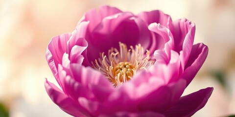 Obraz premium Close-up view of a vibrant pink peony blossom, showcasing the delicate texture of its petals and the intricate details of its center