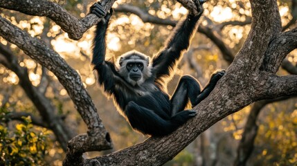 Naklejka premium A black-and-white monkey hangs from a tree branch, backlit by golden sunlight.