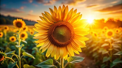 Fototapeta premium Sunlit Sunflower Portrait: Vibrant Summer Bloom Close-Up