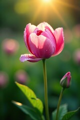 A gentle spring morning dew on a newly bloomed flower in the garden, dew droplets, spring morning