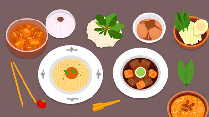 Set of asian food, flat design vector illustration, food dishes from Asian countries. Generative AI