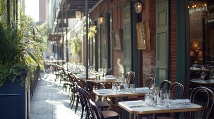 Sunlit Parisian-style cafe tables and chairs line a narrow city street.