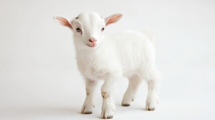 Obraz premium A white fluffy goat kid playing around on a white background