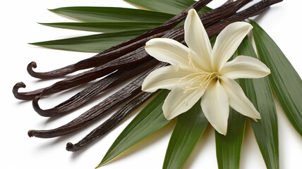 Fototapeta premium Creamy-White Flower Surrounded by Dark Brown Vanilla Pods and Vibrant Green Leaves, Isolated on White Background