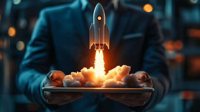 Una nave sale de un ordenador o laptop como s&iacute;mbolo de emprendimiento e innovaci&oacute;n en negocios y entornos empresariales