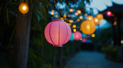 Obraz premium Pink and orange paper lanterns illuminate a garden path at dusk.