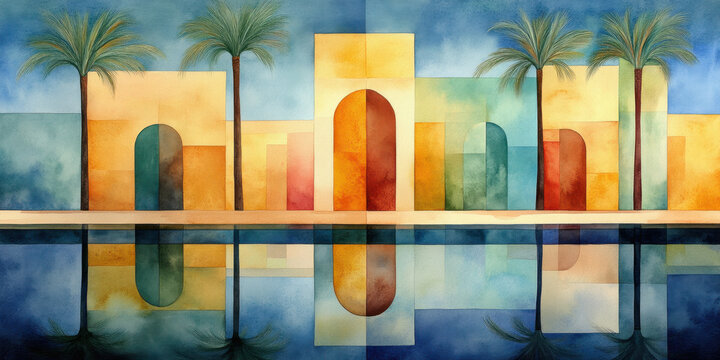 Egypt style art, A vibrant, abstract painting featuring colorful architectural forms and palm trees reflected in water, evoking a serene, tropical atmosphere.