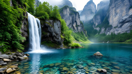 Majestic Waterfall in Mountain Valley
