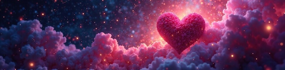 Fototapeta premium A heart flying through space amidst a kaleidoscope of vibrant, swirling particles, background, colorful