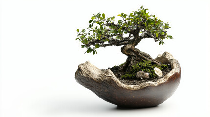 Fototapeta premium A beautifully captured bonsai tree in a handcrafted clay pot, photographed with stunning realism against a clean white background. Generative AI