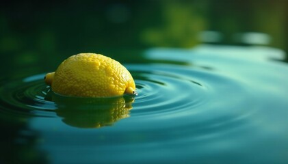 A lemon sinks slowly under the surface of a calm pond, ripples, sink