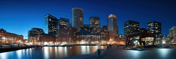 Night cityscape panorama of modern and historic buildings reflected in calm water.