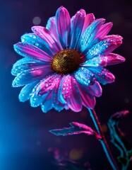 Generated image Cyberpunk Daisy flower with dew drops. Blinding Neon Bloom. wallpaper or backdrop concept