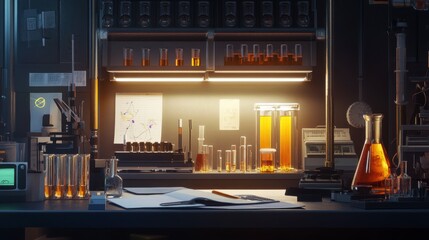 Scientific Research Lab. Test tubes and lab notebooks meticulously arranged on a clean work surface under bright illumination.