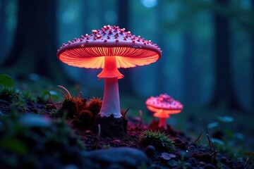 Fototapeta premium A mysterious, glowing fungus growing in the dark forest, bioluminescent, natural