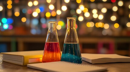 Scientific Breakthrough. Close-up of a laboratory scene with test tubes, notebooks, and advanced equipment under bright illumination.