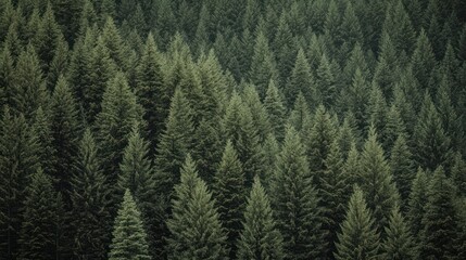 Fototapeta premium Dense evergreen forest, aerial view of lush coniferous trees.
