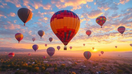 Naklejka premium Sunrise hot air balloons festival colorful sky.